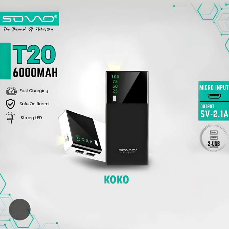 Sovo T20 6000mAh Portable Charger Power Bank With LED Flashing And Dual USB Output For Optimal High-Speed Charging
