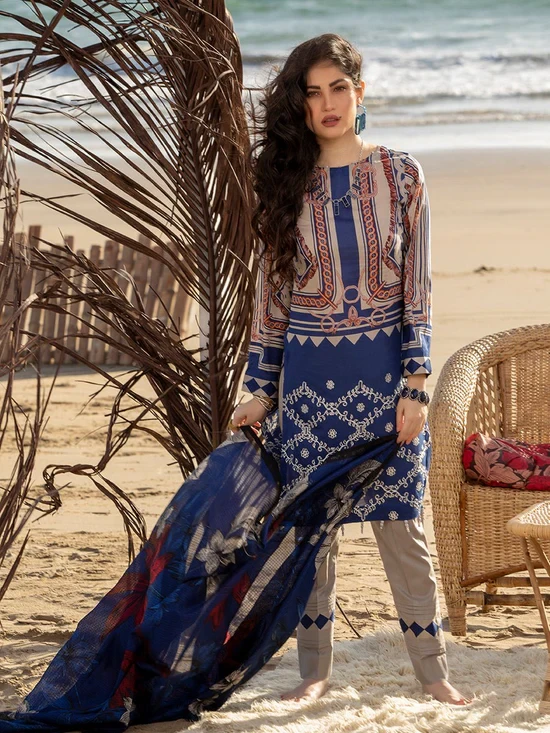 Unstitched 3pc Printed Embroidered Lawn Shirt with Chiffon Printed Dupatta (WK-00495B)
