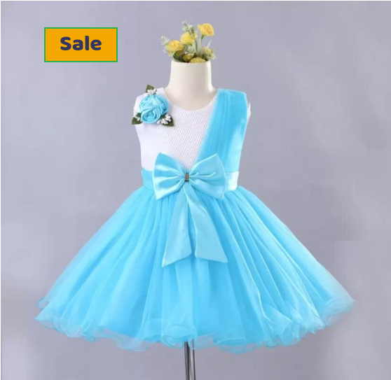 Blue baby frock with bow and flowers