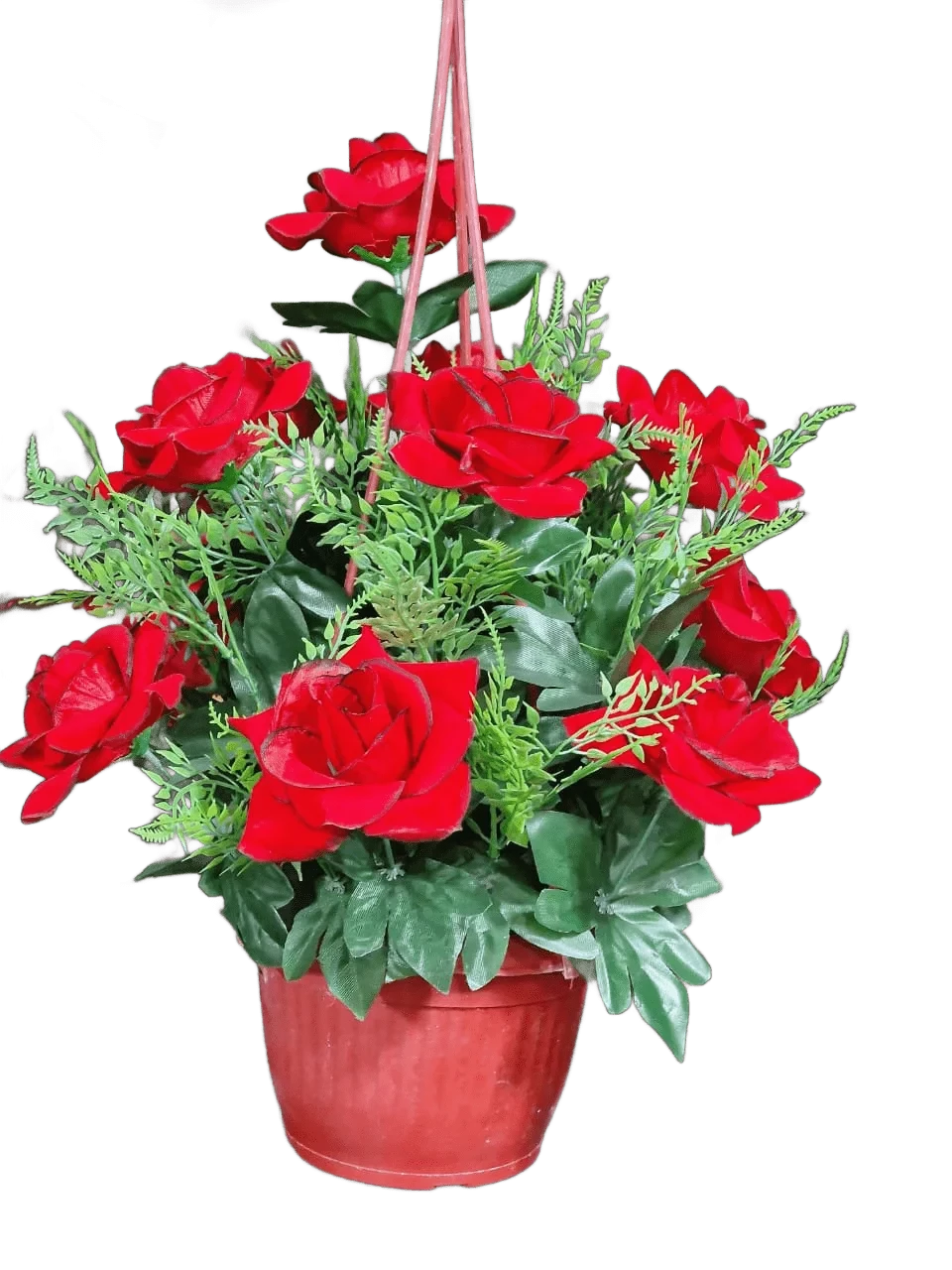 Red Artificial Silk Rose Flower in Hanging Basket