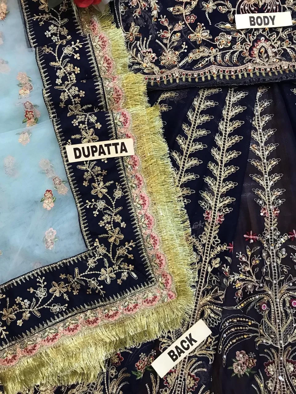 Chiffon frock & Net Dupatta with satin silk trouser