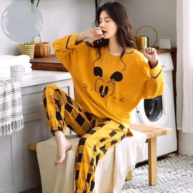 Cotton Night Suit Set Bear Face Printed Casual Loungewear For Ladies