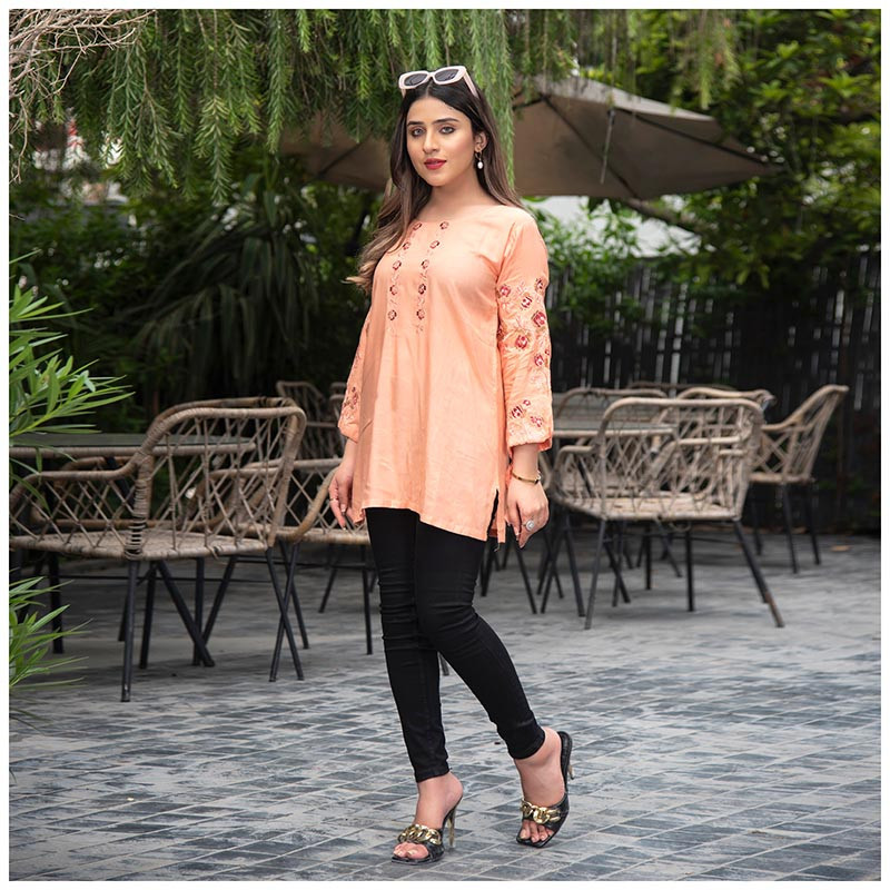 Peachy With Embroidered Neck & Sleeves Dress by Nazmina