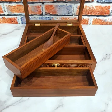 Wooden Spice Box With Spoon 3 In 1 - Premium Carved Design