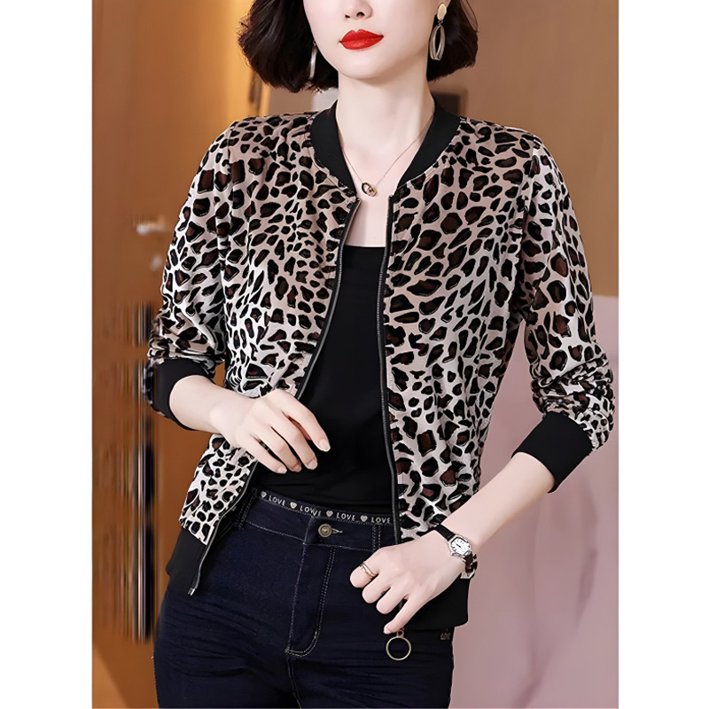 Stylish Leopard-Printed Velvet Zipper Bomber Jacket For Ladies