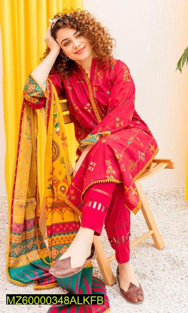3 Pcs women's stitched lawn Embroidered Suit