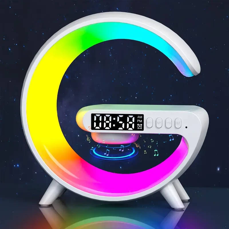 Wireless Sunrise Alarm Clock with Wireless Speaker - RGB Ambient Light, Fast Charging, Rechargeable Lithium-Polymer Battery, Dual Power Mode (USB/Battery), Button Control, Audio Output - Perfect for B